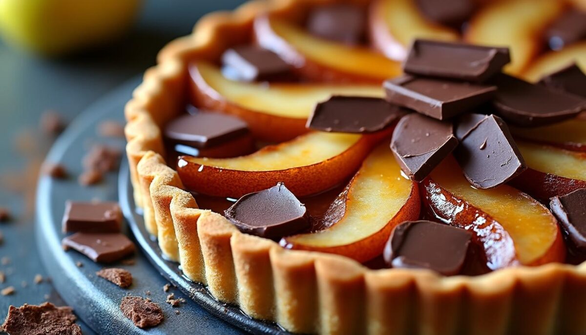 Délice fondant : tarte aux poires juteuses et éclats de chocolat gourmand