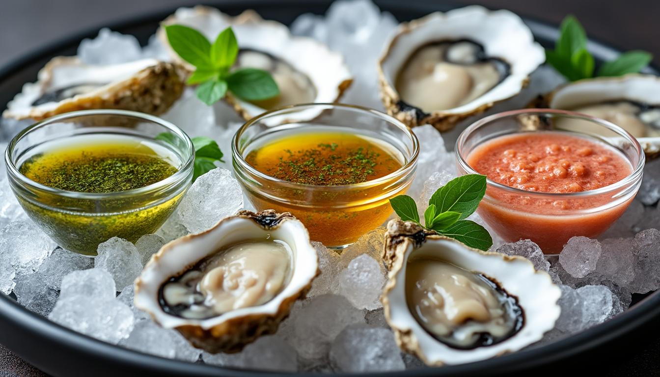 savourez la fraîcheur exceptionnelle des huîtres accompagnées de trois vinaigrettes inédites qui éveilleront vos papilles.