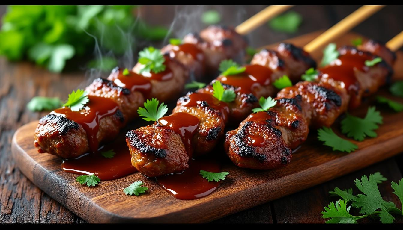 découvrez nos délices de bœuf grillé au saté, une explosion de saveurs gourmandes alliant la tendreté de la viande à l’intensité des épices pour un plaisir authentique.