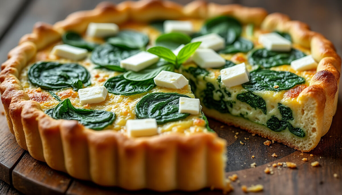 Délicieuse quiche aux épinards frais et fromage feta fondant