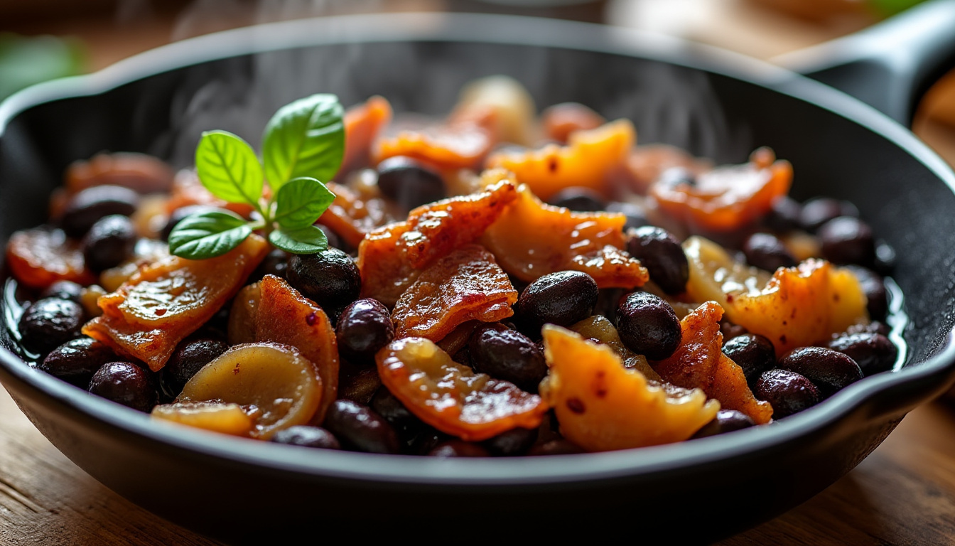 savourez un délice gourmand avec des haricots noirs sautés, agrémentés de lardons croustillants et d'oignons caramélisés, pour un plat riche en saveurs et facile à préparer.