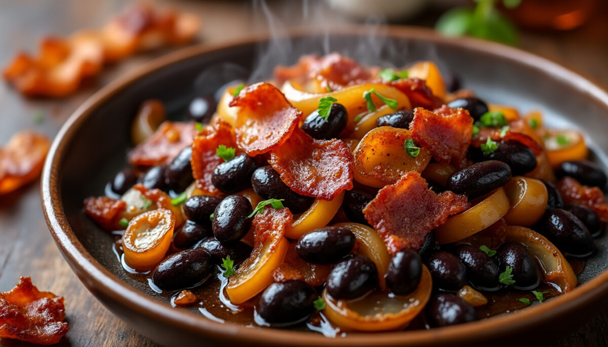 Délice de haricots noirs sautés aux lardons croustillants et oignons caramélisés