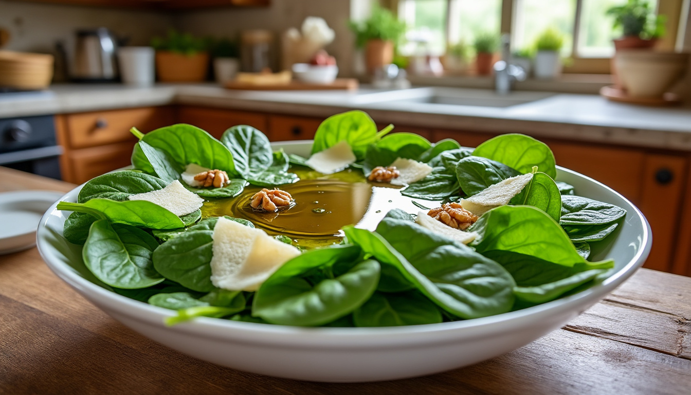 découvrez notre salade croquante d'épinards frais au parmesan, un délice sain et savoureux parfait pour une pause gourmande et légère.