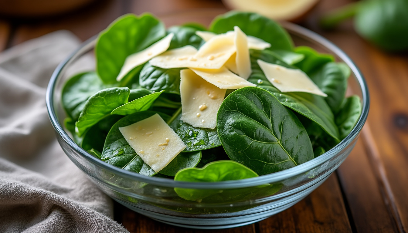 découvrez notre salade croquante d'épinards au parmesan, un délice frais alliant saveurs authentiques et fraîcheur pour un repas léger et gourmand.