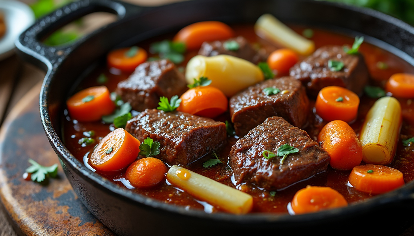 savourez un bœuf braisé fondant accompagné de carottes tendres et délicieusement assaisonnées, un plat réconfortant et gourmand parfait pour toutes les occasions.