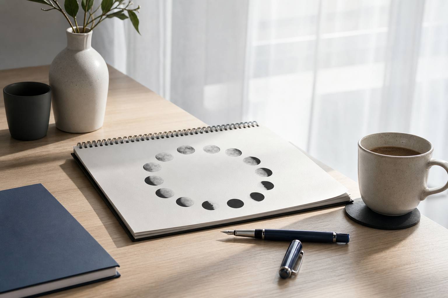 Calendrier lunaire 2025 ouvert sur un bureau moderne avec stylo et café, lumière naturelle