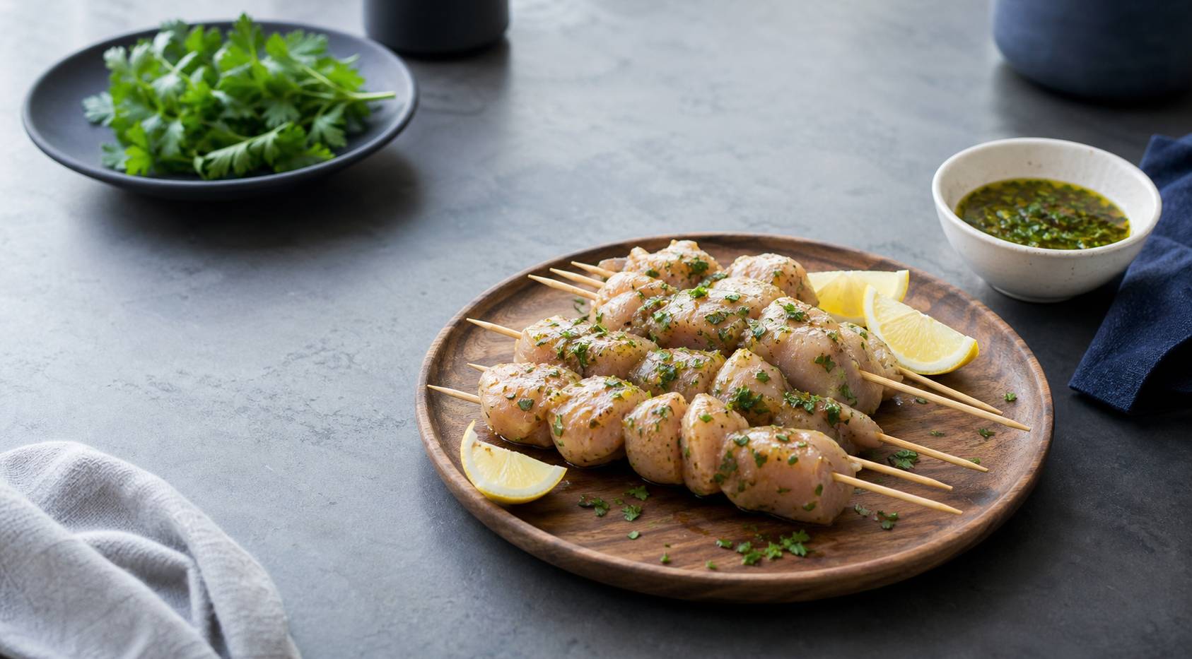 Illustration pour Délices de poulet : brochettes marinées aux herbes fraîches