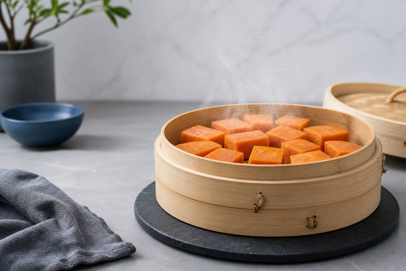 Panier vapeur avec cubes de patate douce sur plan de travail moderne