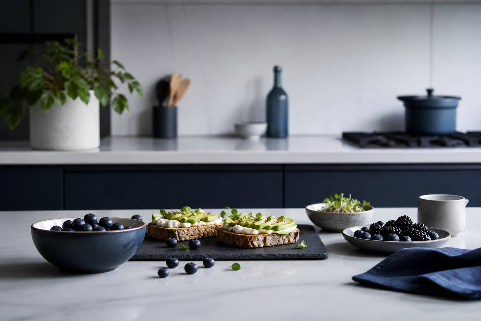 Plan de travail epure avec toasts fruits frais et bol dans une cuisine elegante