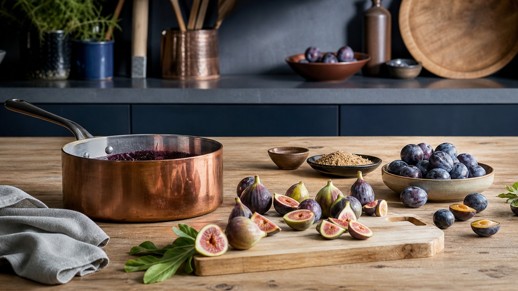 Fruits frais figues et quetsches sur plan de travail bois pour confiture maison