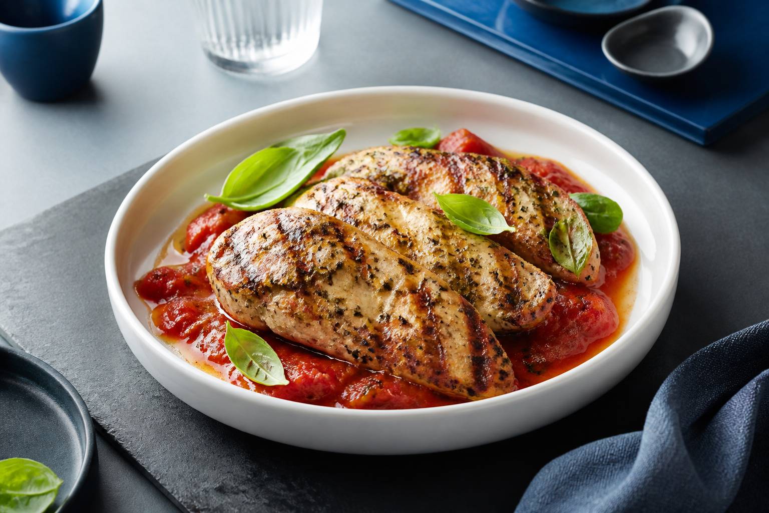 Poulet grillé aux herbes italiennes servi dans un plat en céramique blanche
