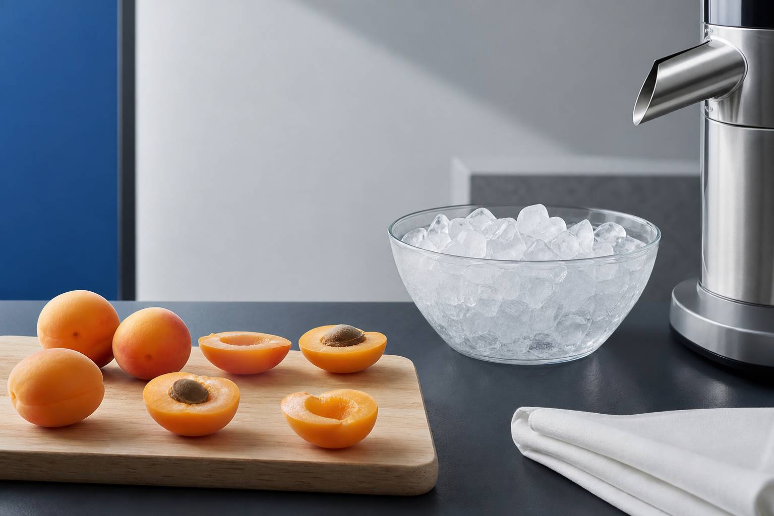 Abricots frais coupes et sorbetiere pour la preparation de sorbet maison