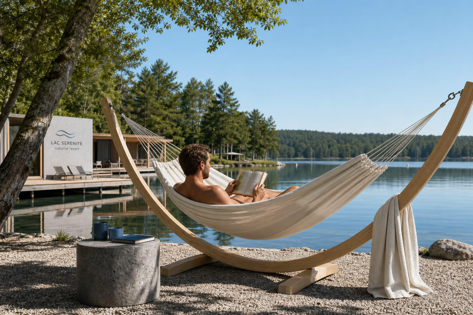 Personne lisant un livre dans un hamac au bord d un lac dans un cadre naturiste