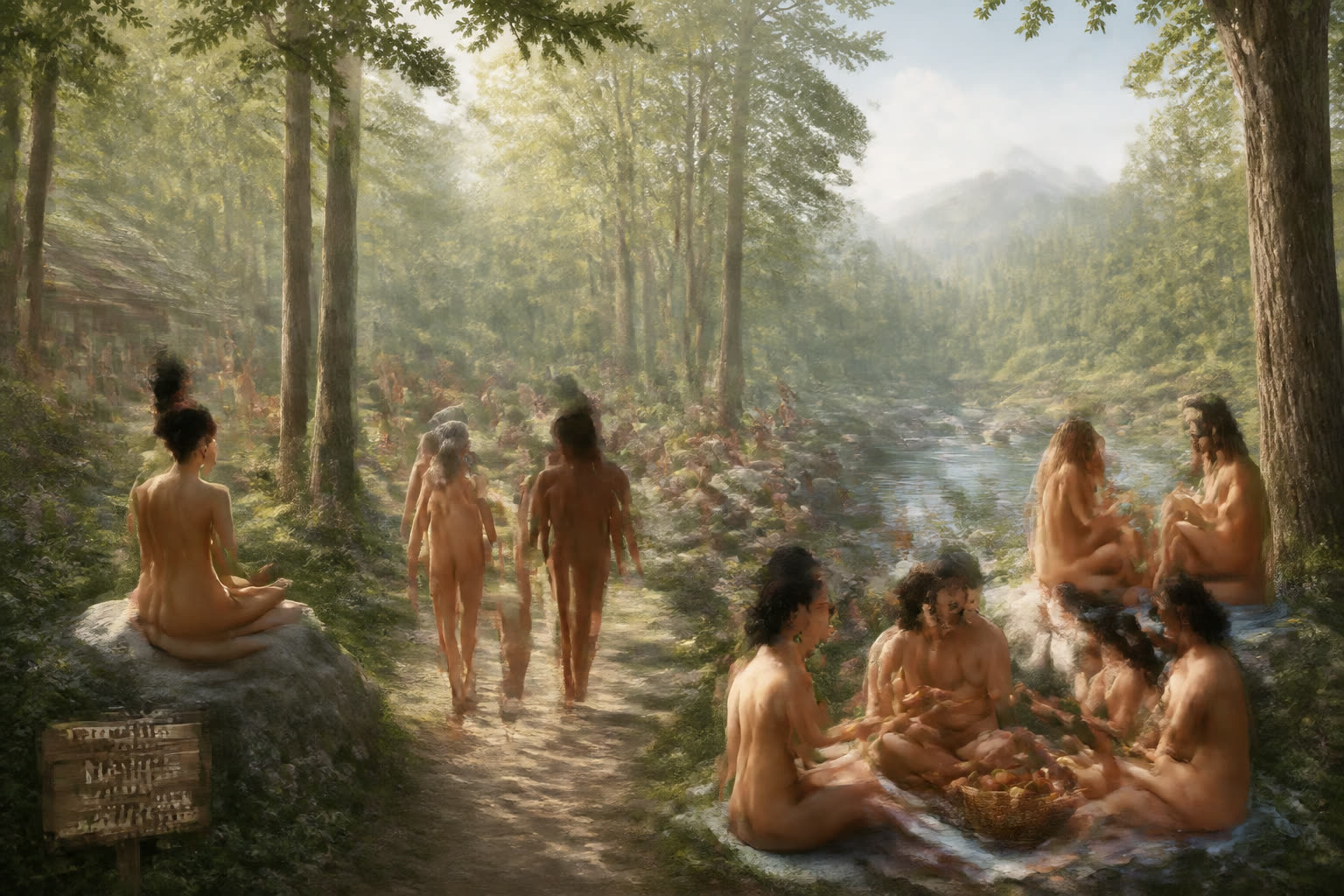 Groupe de personnes pratiquant le naturisme dans une clairière en pleine nature