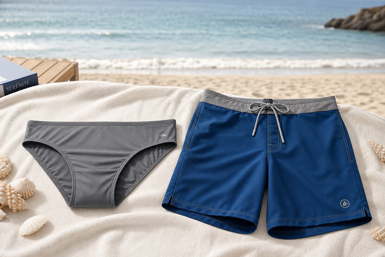 Comparaison entre slip de bain classique et short de bain sur serviette
