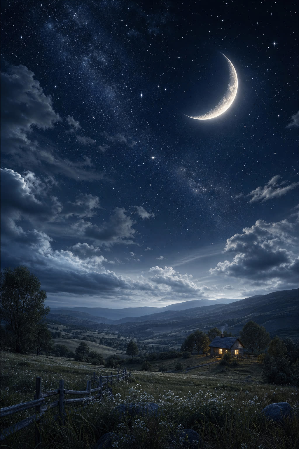 Ciel étoilé avec croissant de lune au-dessus d un paysage rural paisible