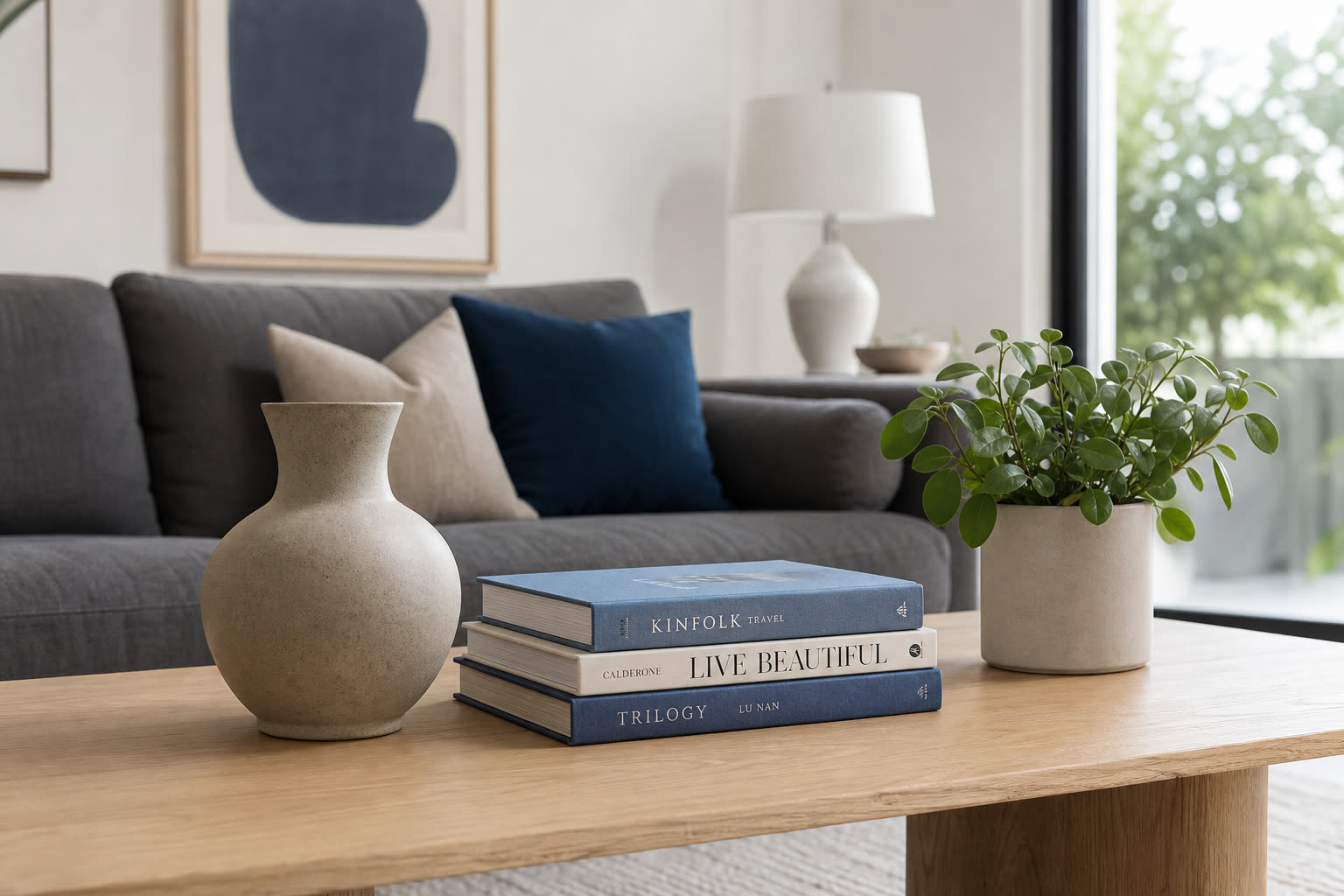 Décoration intérieure avec la règle de trois objets sur table en bois clair