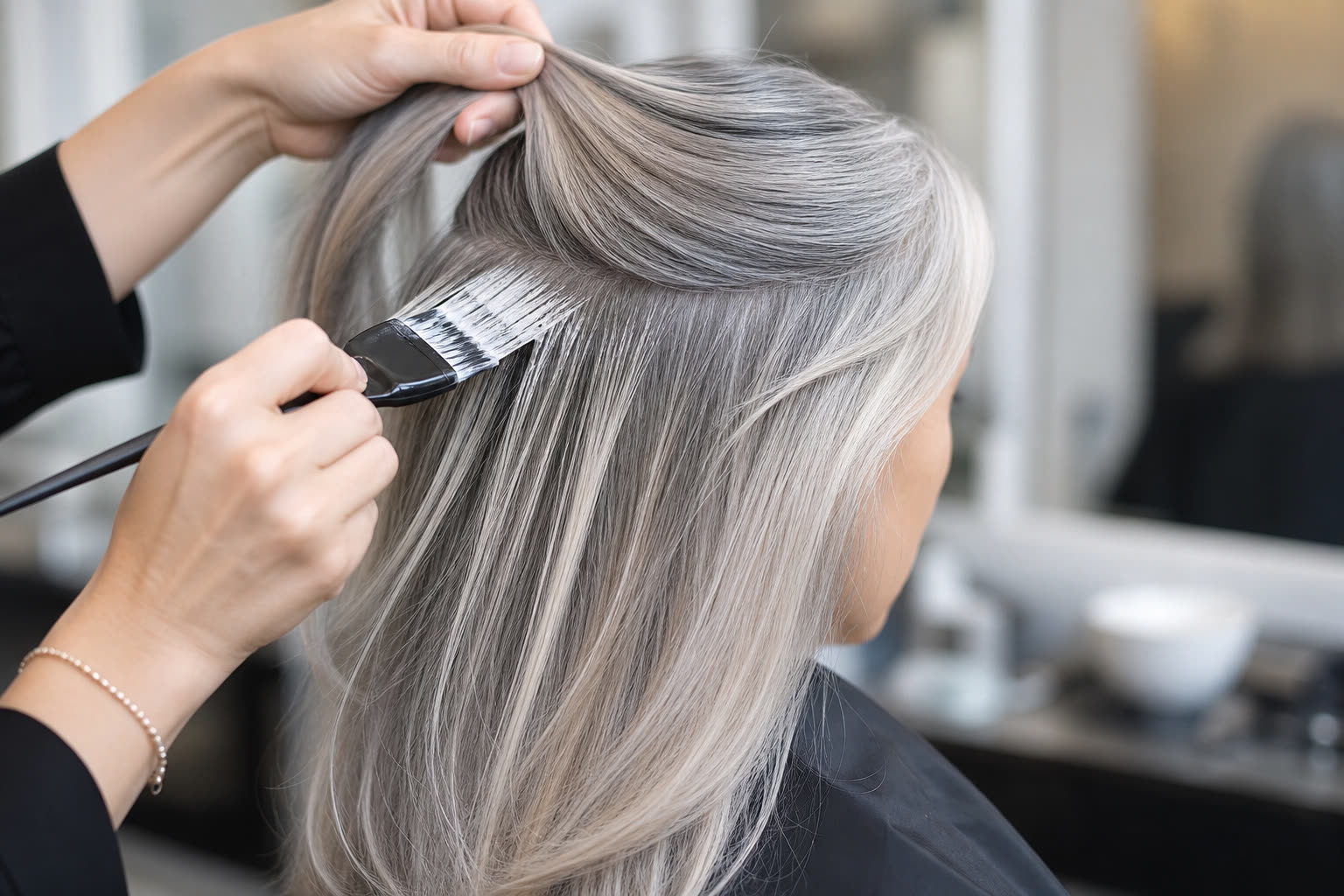 Technique de balayage gris appliquee par un coiffeur sur cheveux blancs