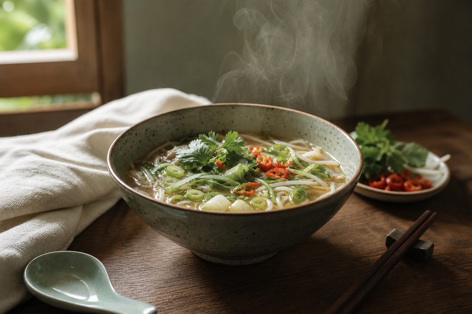 Soupe asiatique avec chopsticks herbes fraiches et legumes dans un bol ceramique
