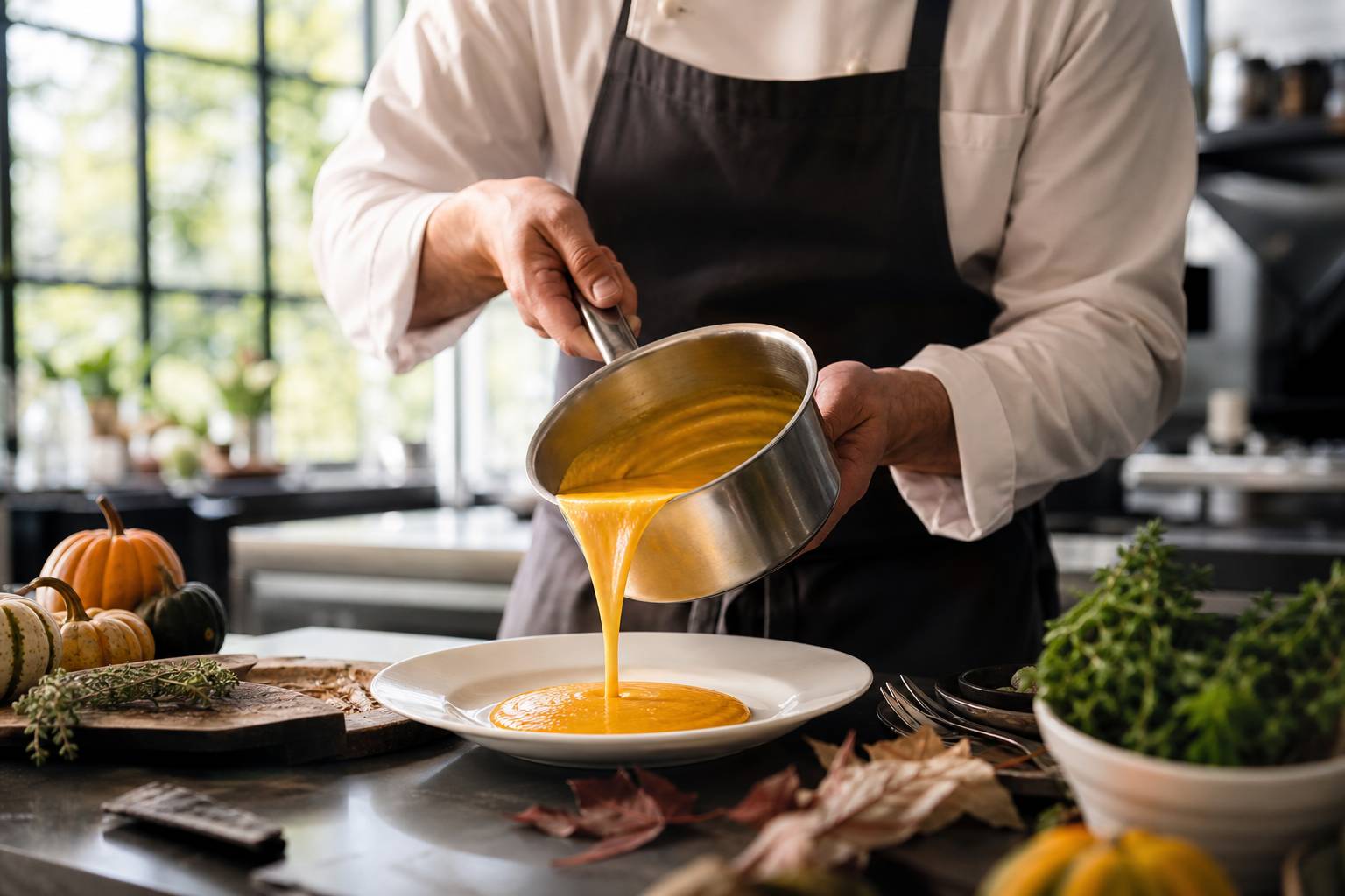 Chef cuisinier versant un velouté de potiron dans une assiette