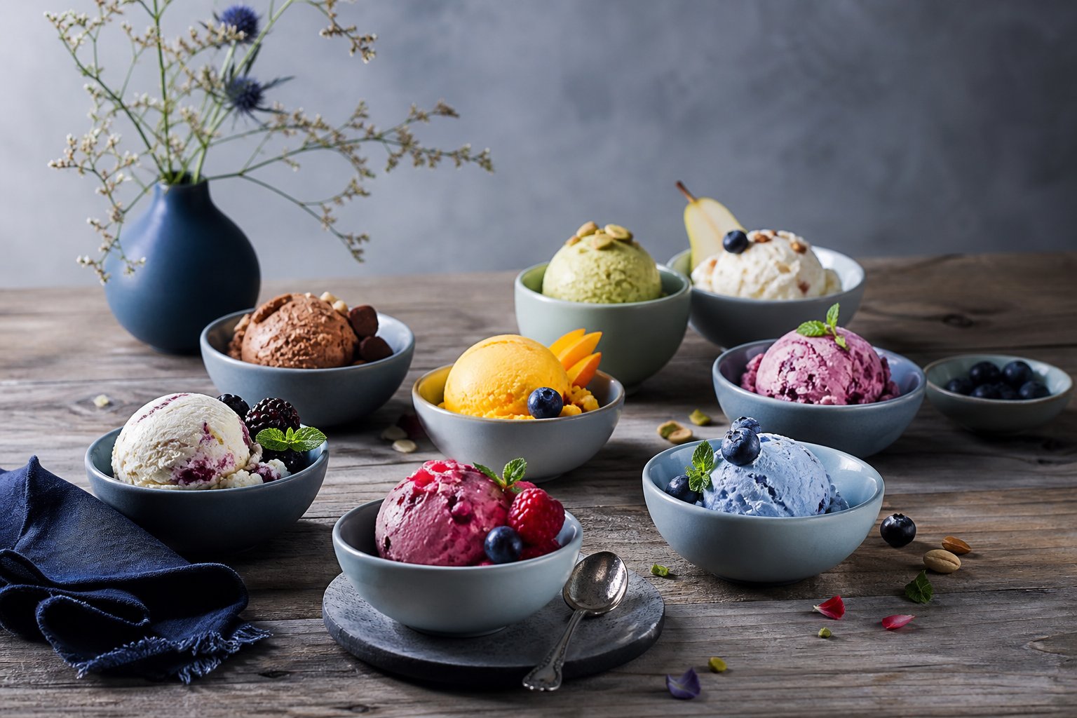 Coupelles de glace artisanale colorees sur une table, presentation gourmet