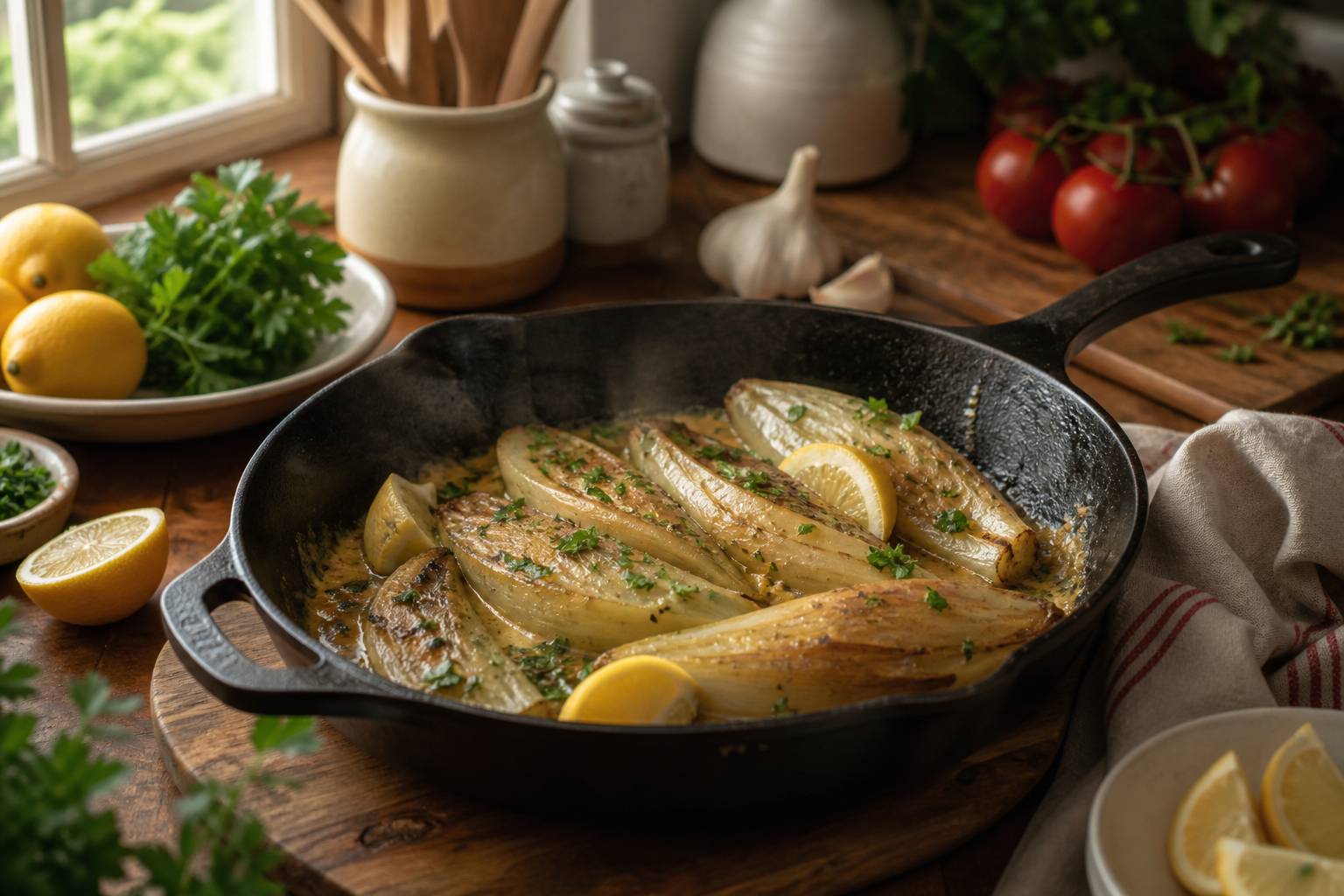 Endives braisées dans une poêle avec beurre mousseux, quartiers de citron et persil frais