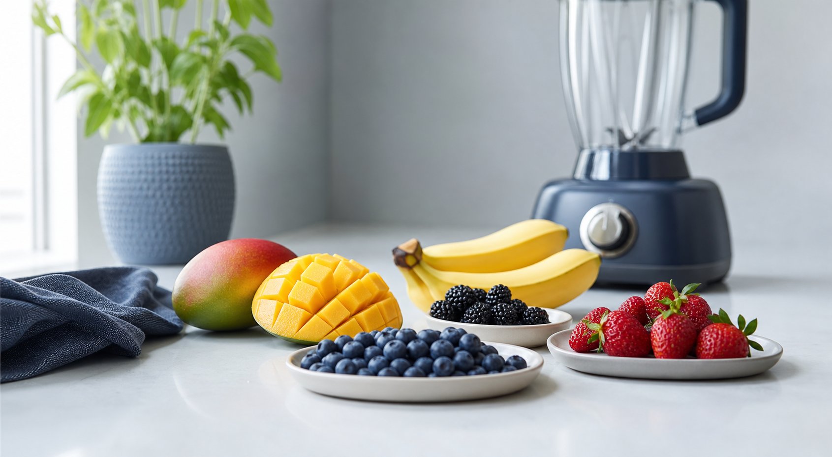 Fruits frais tropicaux et blender pour smoothie, preparation boisson saine maison