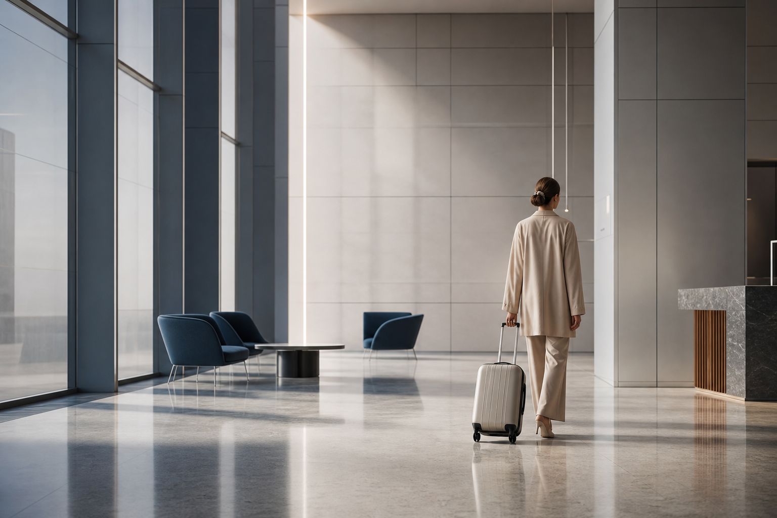 Hall d aeroport moderne ambiance sophistiquee composition minimaliste tenue elegante