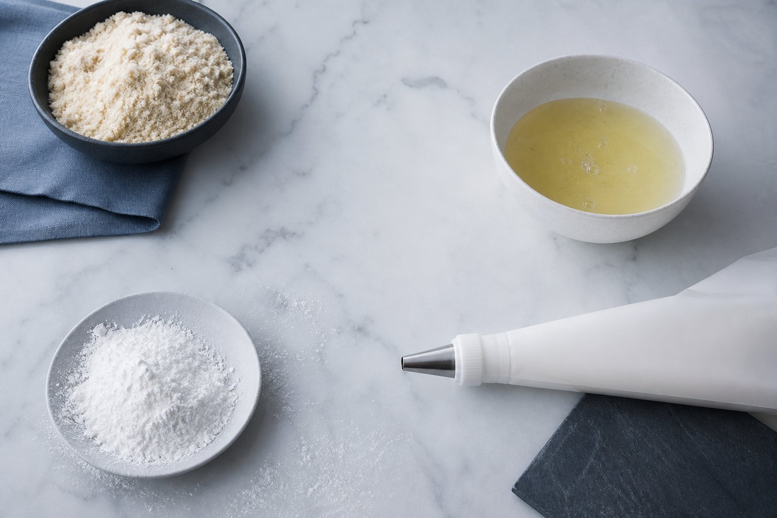 Ingredients macarons: farine amande, sucre glace, blanc oeufs sur marbre, preparation