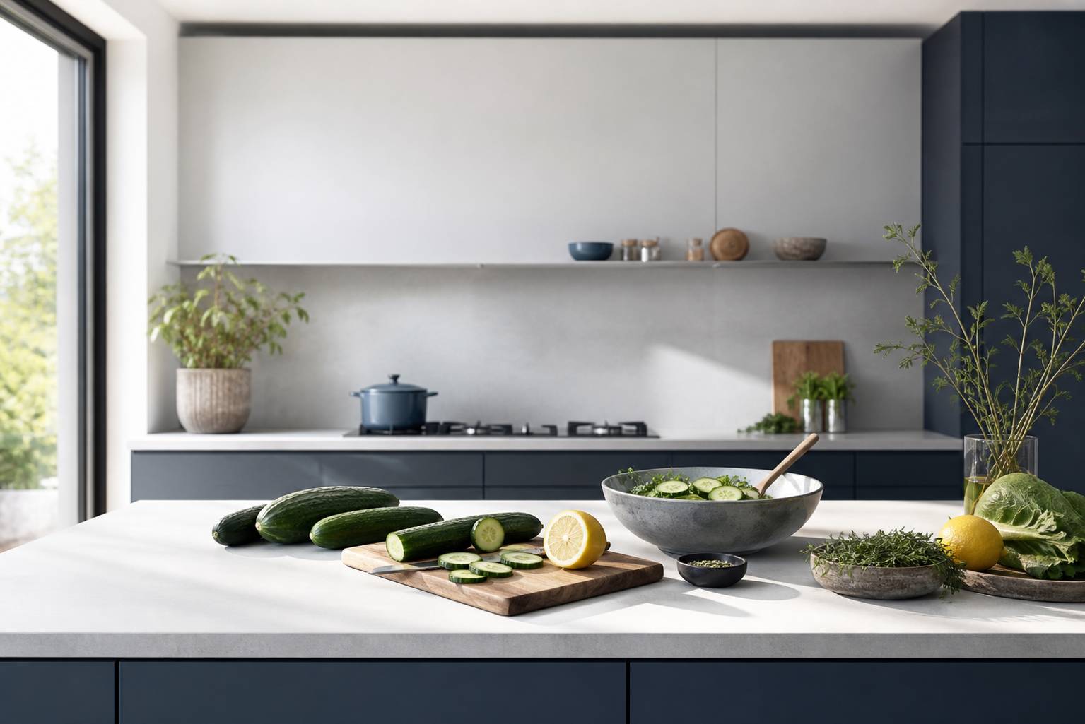 Concombres frais et citron sur plan de travail preparation salade saine