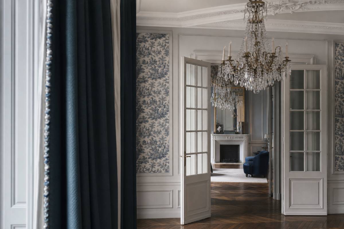 Interieur de manoir parisien avec portes francaises lustre et heritage