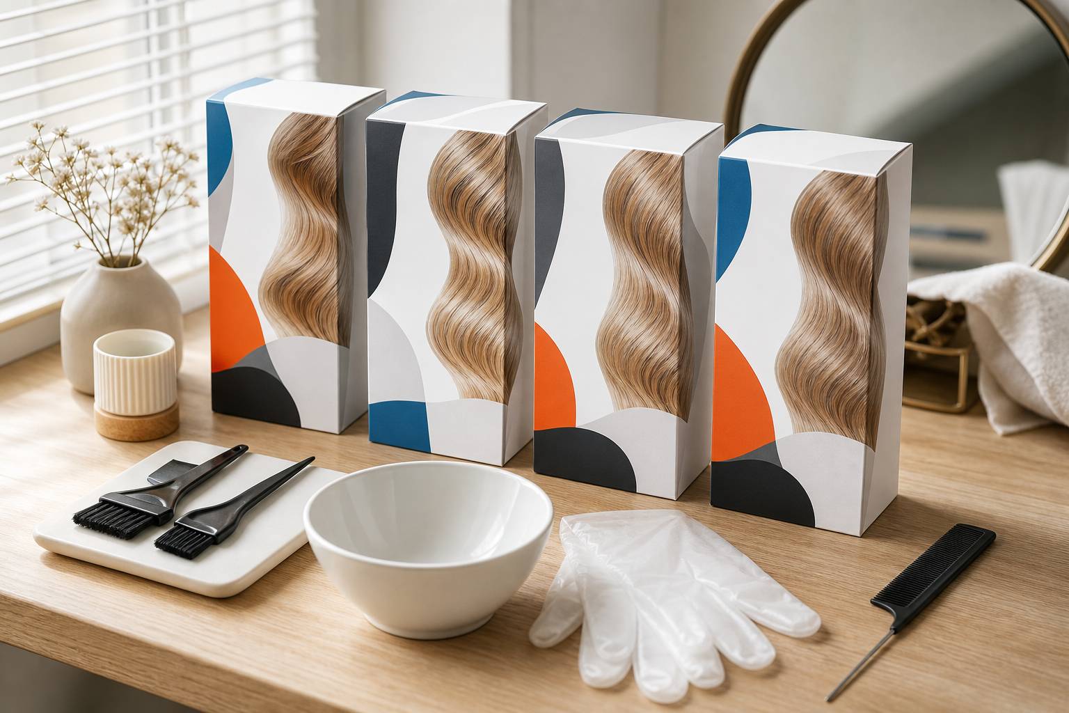 Kit coloration mèches blondes sur plan de travail avec pinceaux et accessoires
