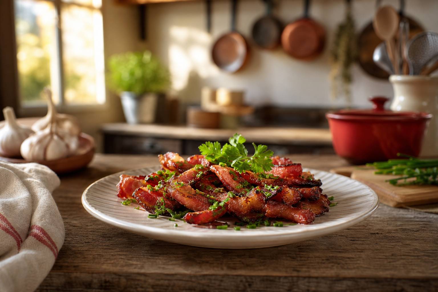 Assiette de lardons caramélisés garnis d'herbes fraîches dans une cuisine traditionnelle