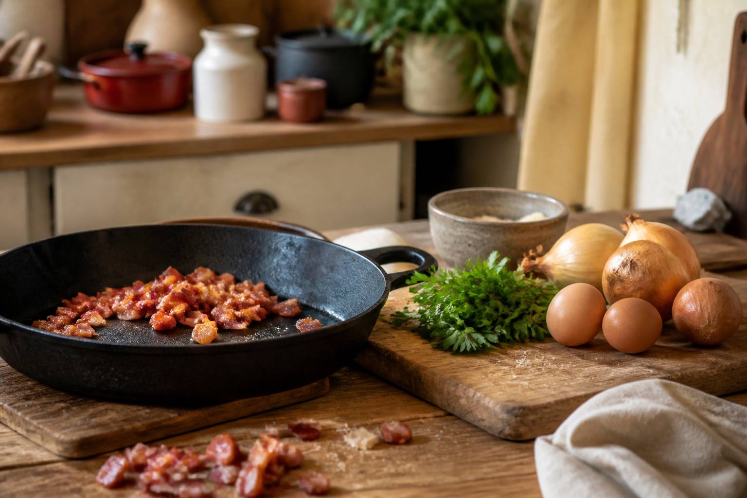 Lardons dorés dans une poêle en fonte avec ingrédients frais sur plan de travail en bois