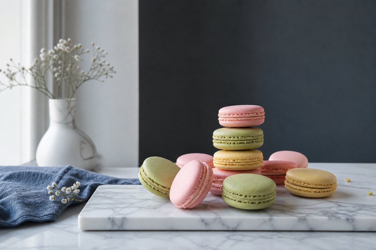 Macarons colores sur marbre, patisserie francaise delicate et elegant food styling
