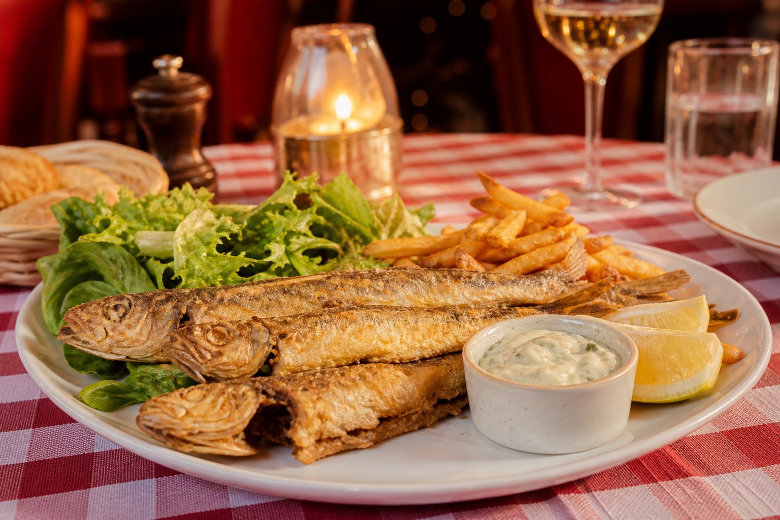 Table de brasserie avec merlans frits, sauce tartare, frites maison et citron