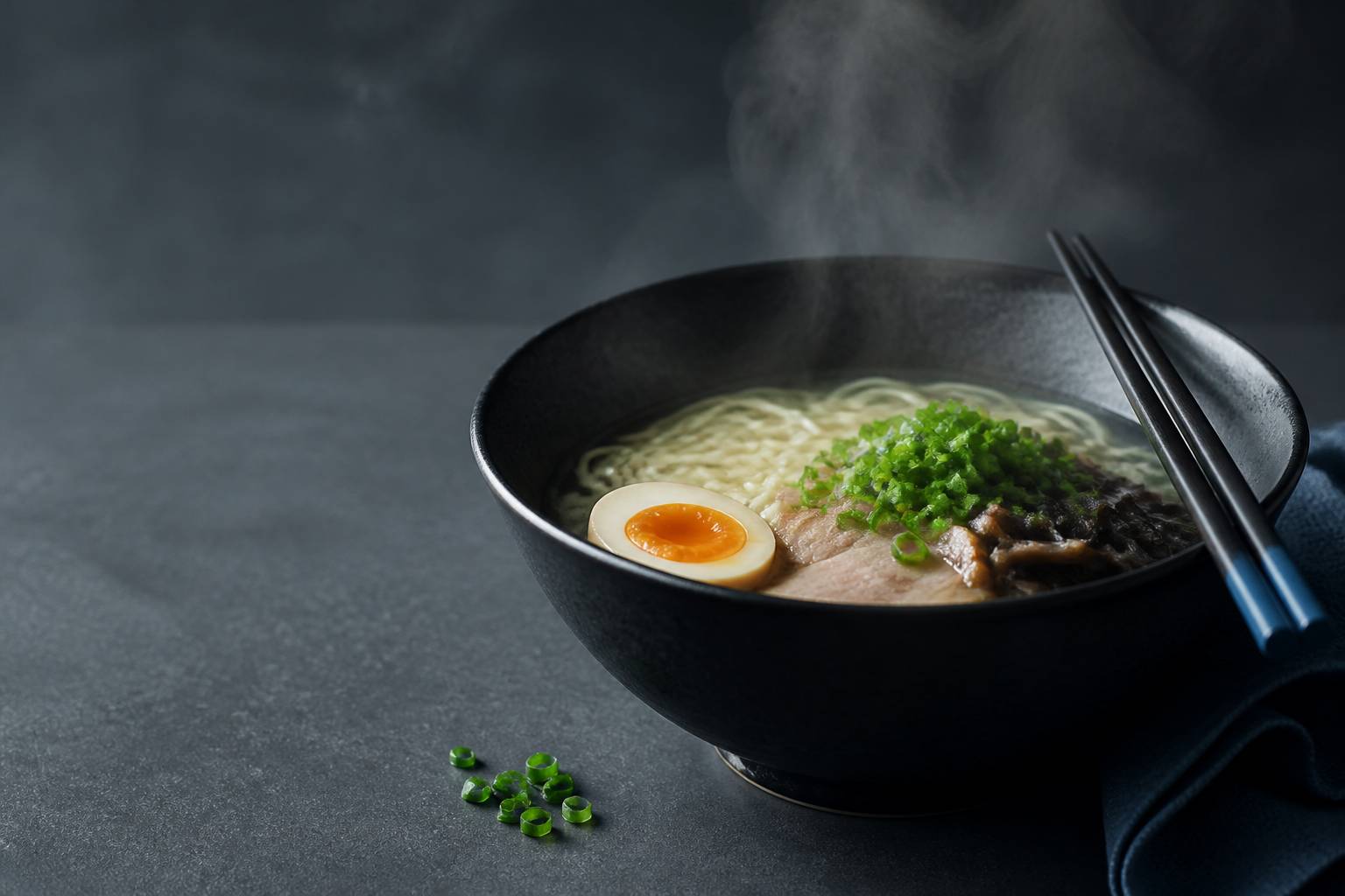 Bol de soupe ramen fumant avec baguettes en céramique noire