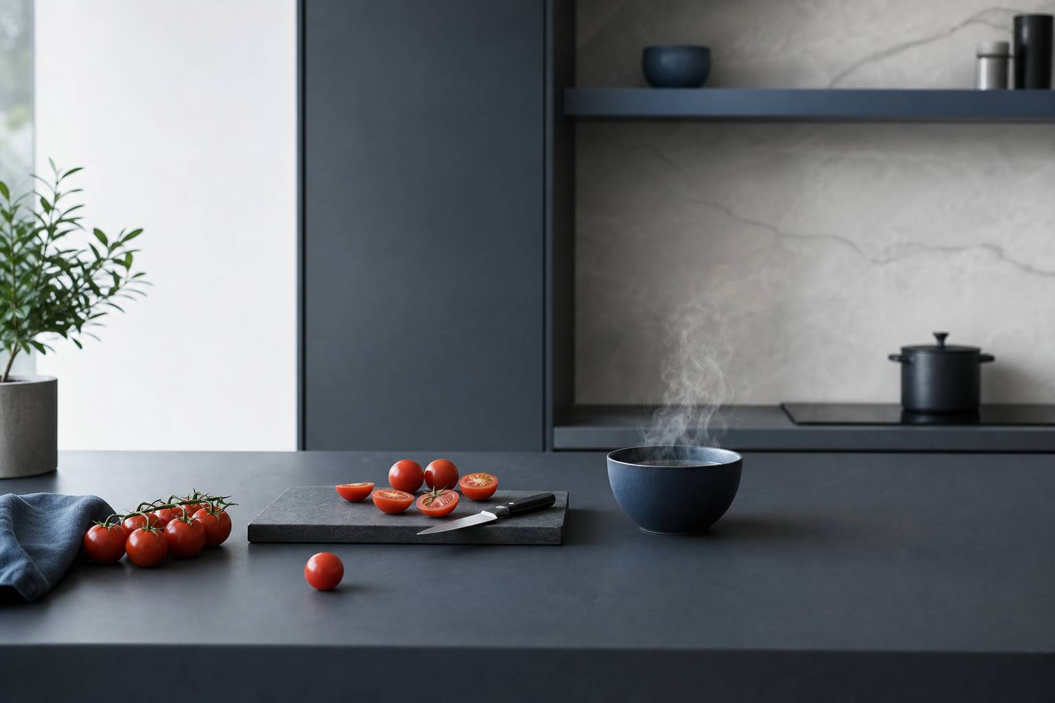 Plan de travail de cuisine avec tomates fraiches et couteau pour les peler