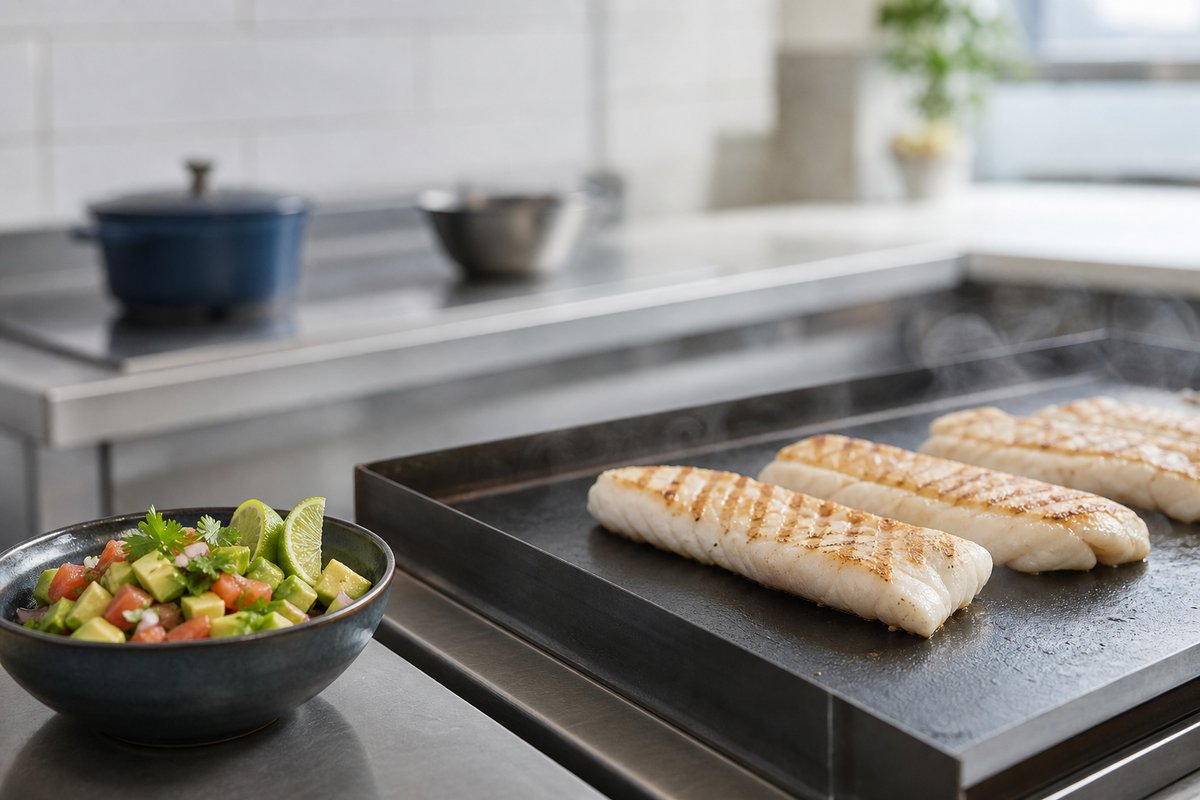 Filets de capitaine en cuisson sur une plancha avec marques de grille et bol de salsa à l'avocat