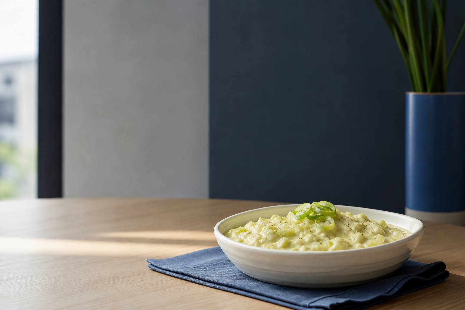 Poireaux fondants servis dans un plat blanc, présentation minimaliste et élégante