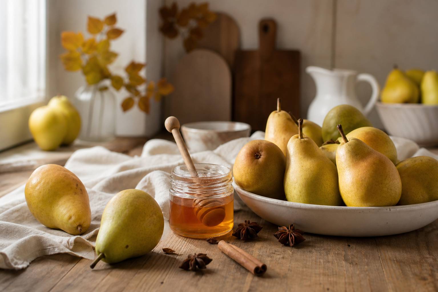 Poires fraiches miel cannelle etoiles badiane sur table rustique cuisine automne