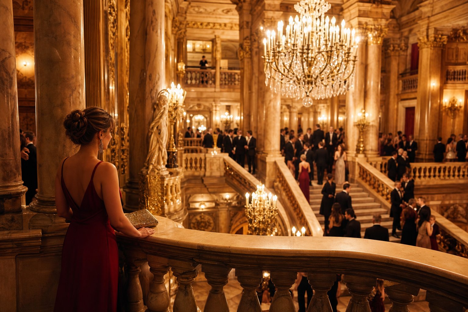 Hall de theatre ou musee lors d'un gala prestigieux avec lustres scintillants