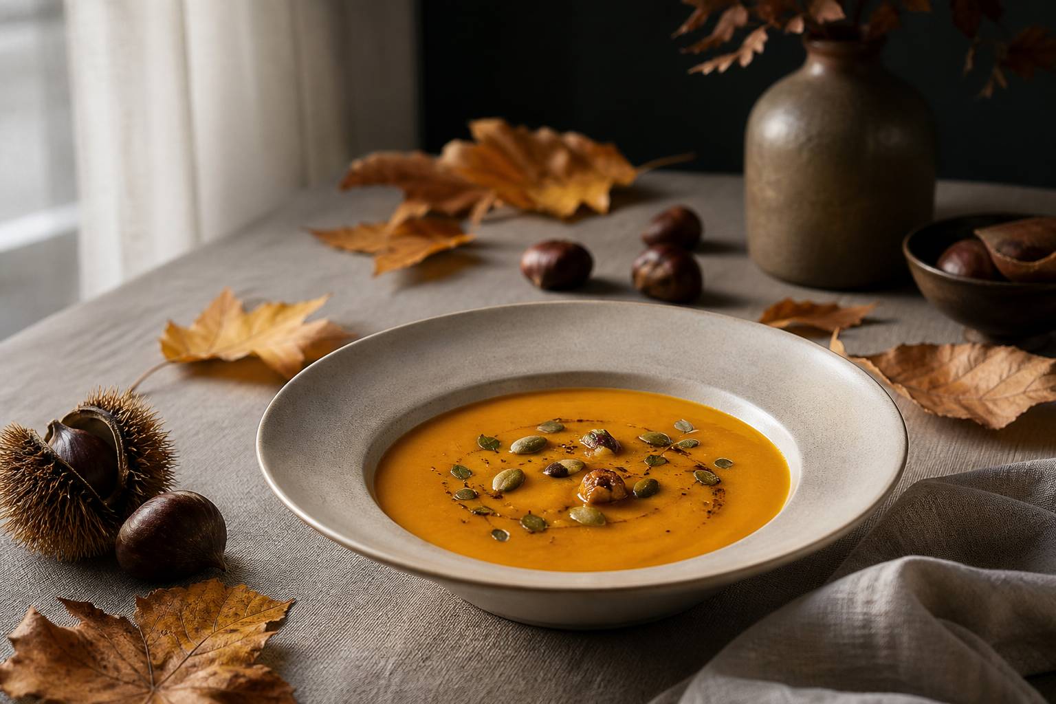 Velouté de potiron automnal avec décoration de saison