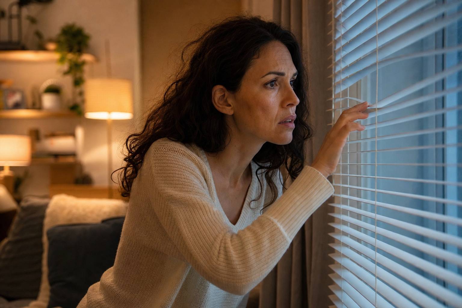 Femme inquiète vérifiant ses stores à la maison pour préserver son intimité