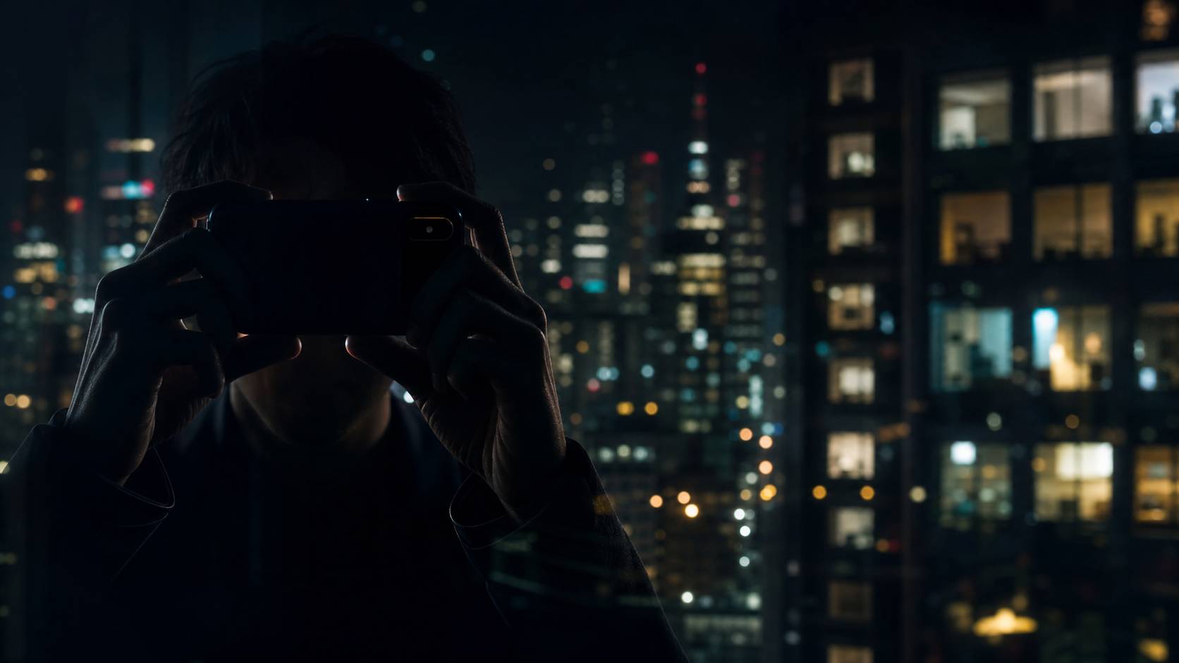 Silhouette sombre photographiant avec un smartphone dans la nuit urbaine