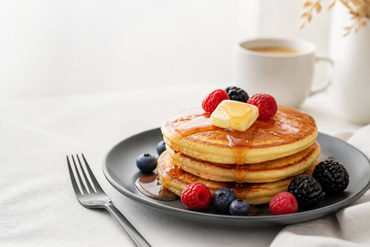 Assiette de pancakes dorés avec sirop, fruits rouges et noix de beurre fondante