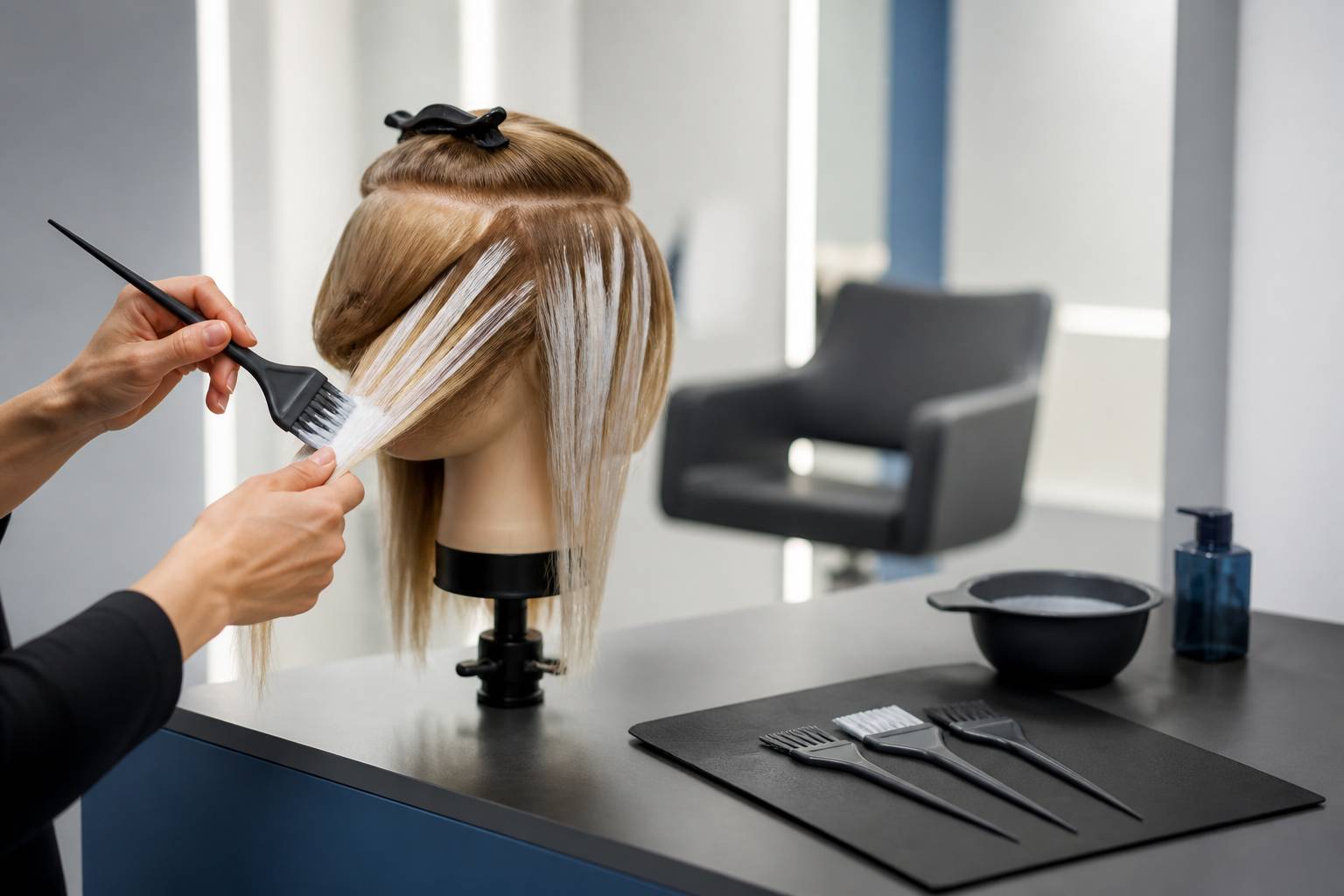 Mains appliquant une teinture blonde en mèches sur un mannequin