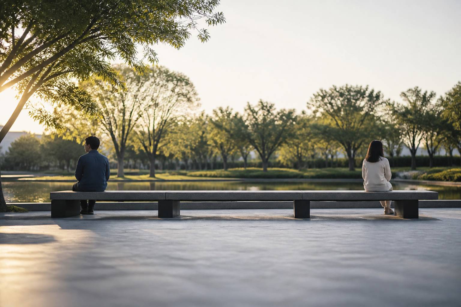 Deux personnes assises à distance sur un banc de parc, chacune tournée vers l'extérieur