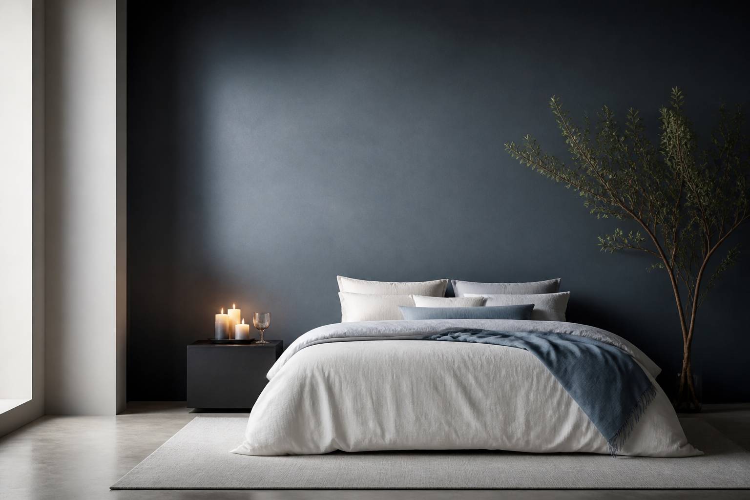 Chambre apaisée avec draps clairs et bougies allumées