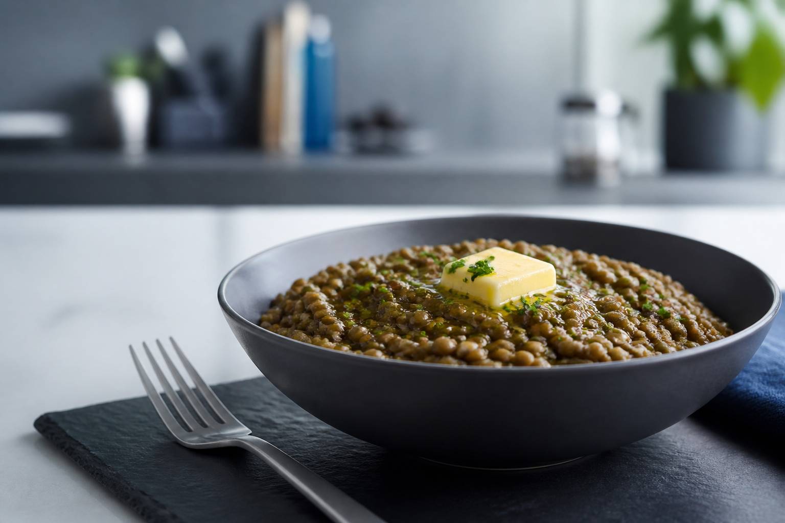 Bol de lentilles vertes cuites avec herbes fraîches